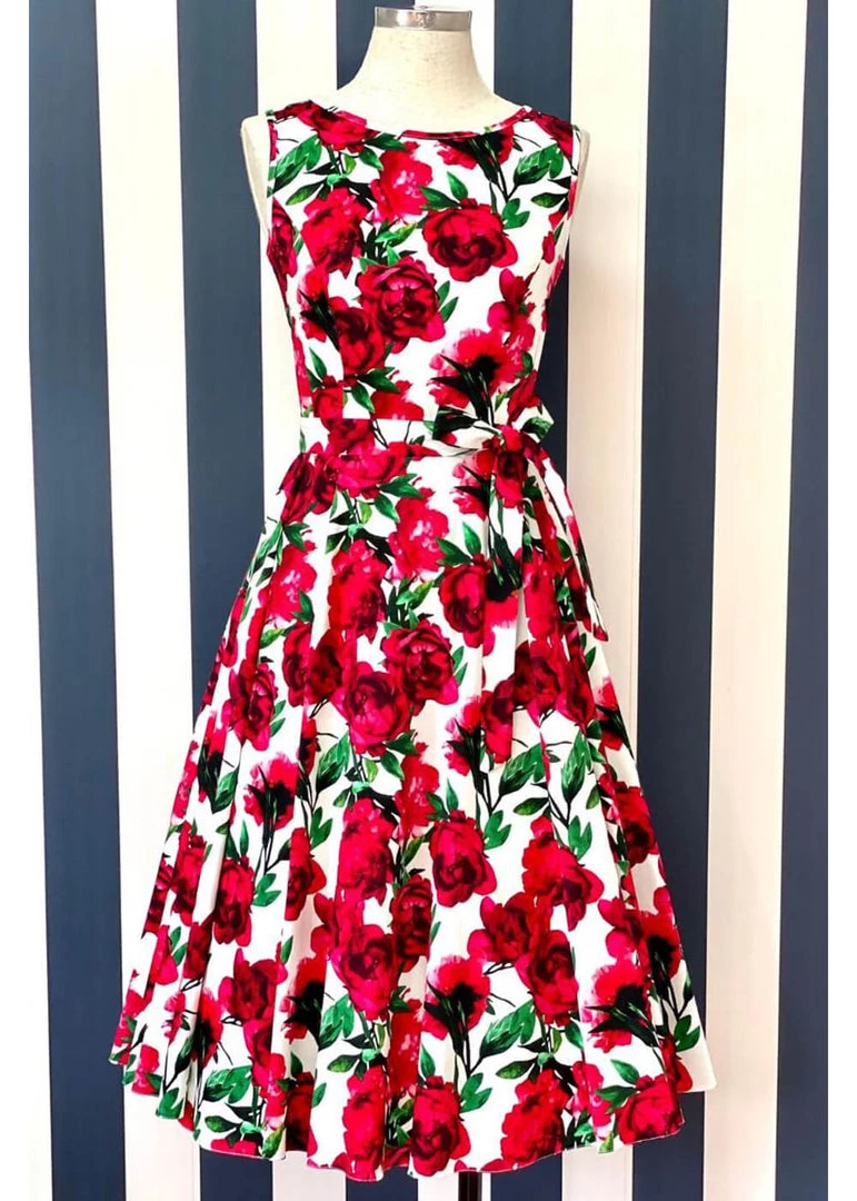 Lady Vintage Hepburn Red Flower 50's Swing Dress White