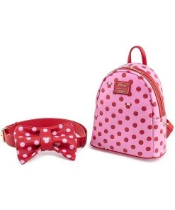 Loungefly Disney Minnie Mouse Polkadot Bow Backpack Wth Fanny Pack Pink