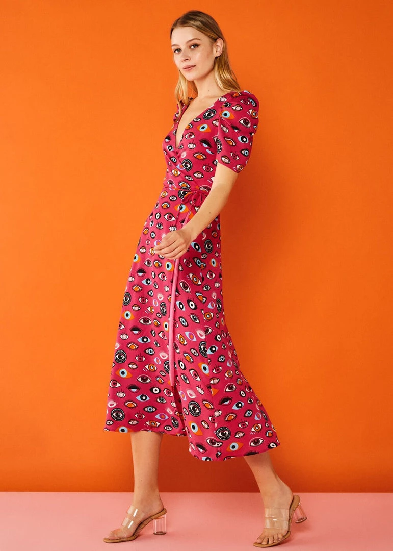 New In Minueto Eyes 70's Midi Dress Pink