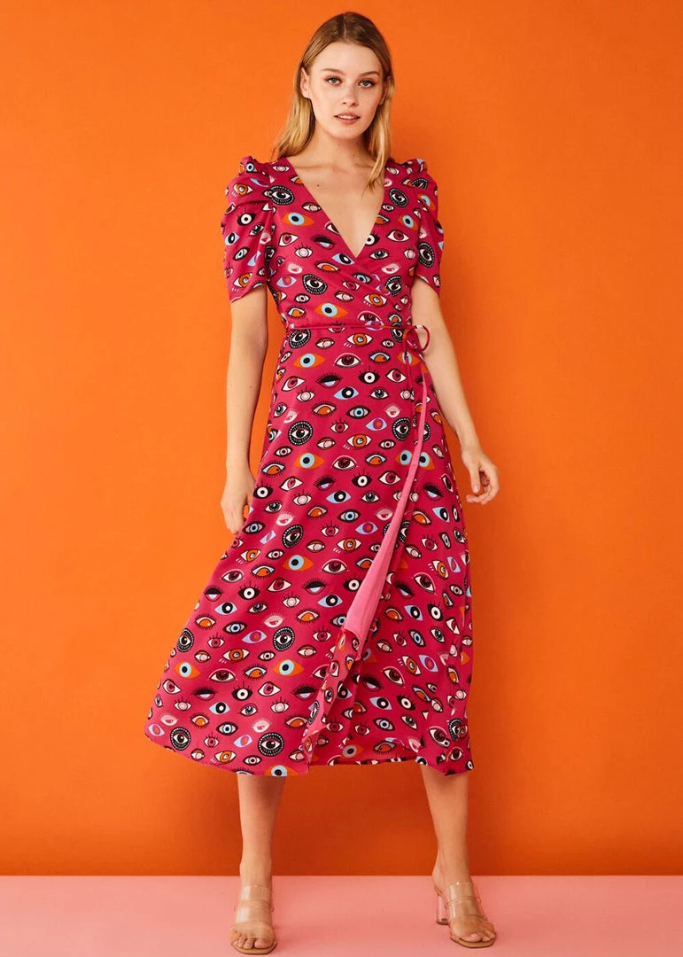 New In Minueto Eyes 70's Midi Dress Pink