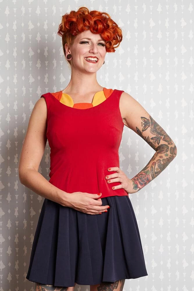 New In Miss Candyfloss Manuela Petal 40's Top Red Yellow Orange