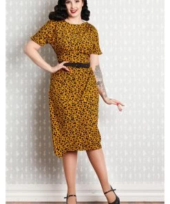 New In Miss Candyfloss Filomena 50's Pencil Dress Mustard