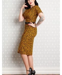 New In Miss Candyfloss Filomena 50's Pencil Dress Mustard