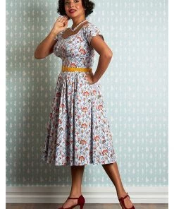 New In Miss Candyfloss Halo Floral 50's Swing Dress Sky Blue