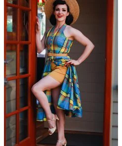 New In Miss Candyfloss Basillia Sun Tartan 50's Swing Dress Yellow