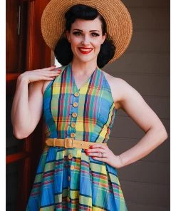 New In Miss Candyfloss Basillia Sun Tartan 50's Swing Dress Yellow