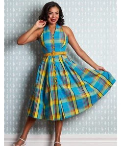 New In Miss Candyfloss Basillia Sun Tartan 50's Swing Dress Yellow
