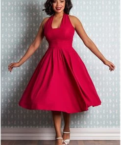 Miss Candyfloss Myra Cerise 50's Halter Swing Dress Red