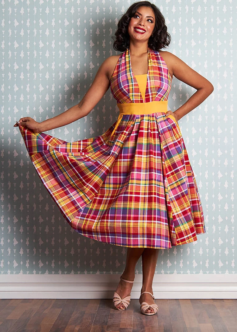 Miss Candyfloss Myrtle Tartan 50's Swing Dress Pink