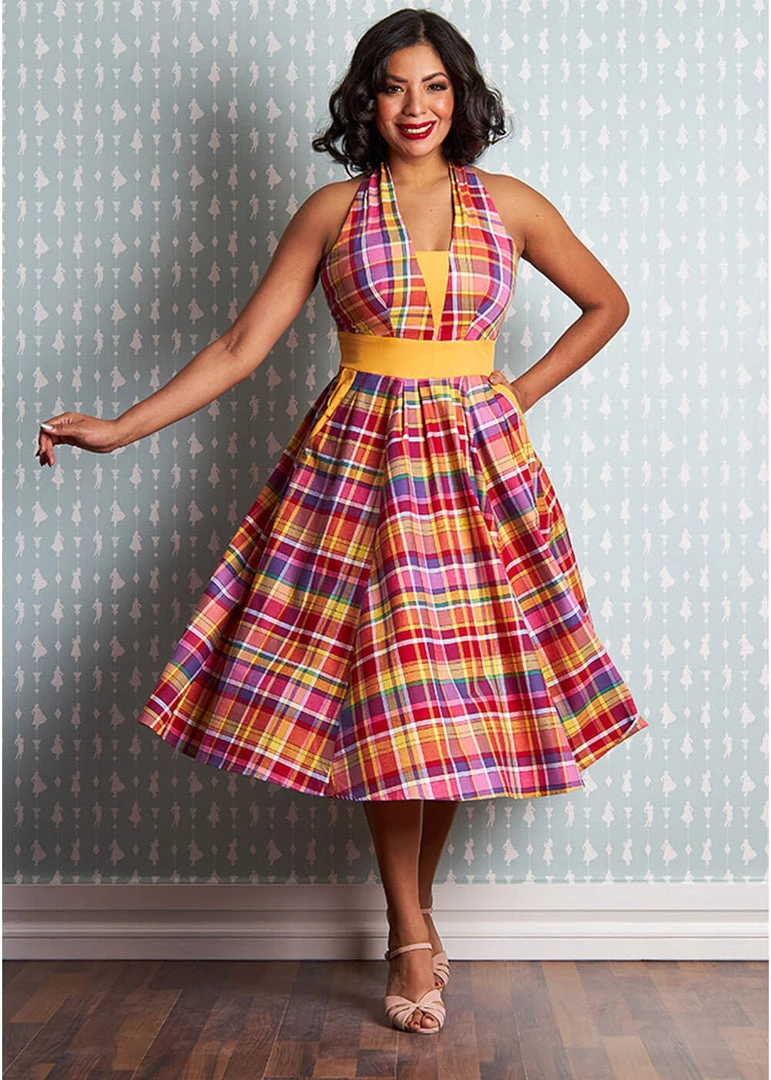 Miss Candyfloss Myrtle Tartan 50's Swing Dress Pink