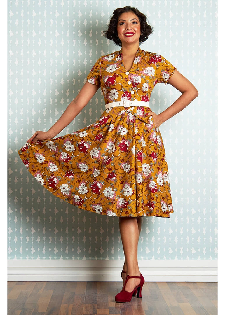 New In Miss Candyfloss Fran Floral 50's Swing Dress Honey