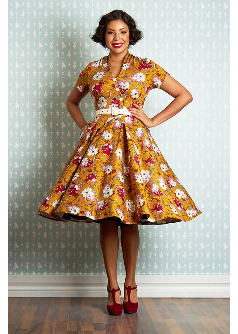 New In Miss Candyfloss Fran Floral 50's Swing Dress Honey