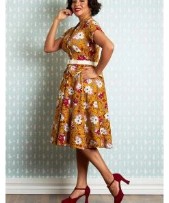New In Miss Candyfloss Fran Floral 50's Swing Dress Honey