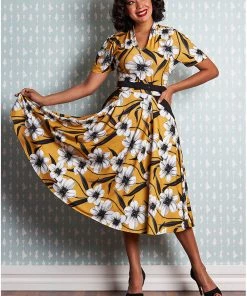 Miss Candyfloss Aslani 50's Floral Swing Dress Yellow New In