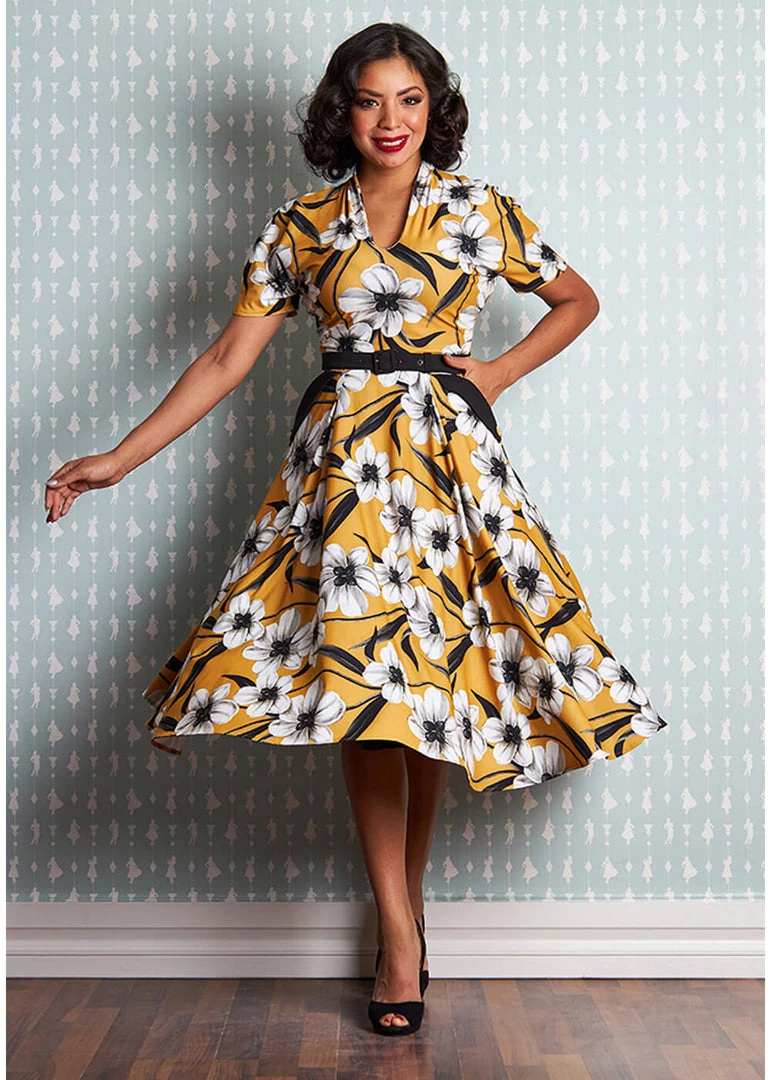 Miss Candyfloss Aslani 50's Floral Swing Dress Yellow New In