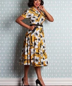 Miss Candyfloss Aslani 50's Floral Swing Dress Yellow New In