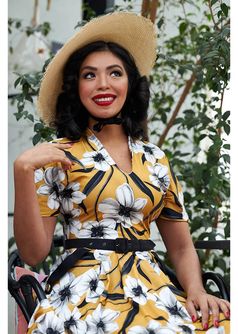 Miss Candyfloss Aslani 50's Floral Swing Dress Yellow New In