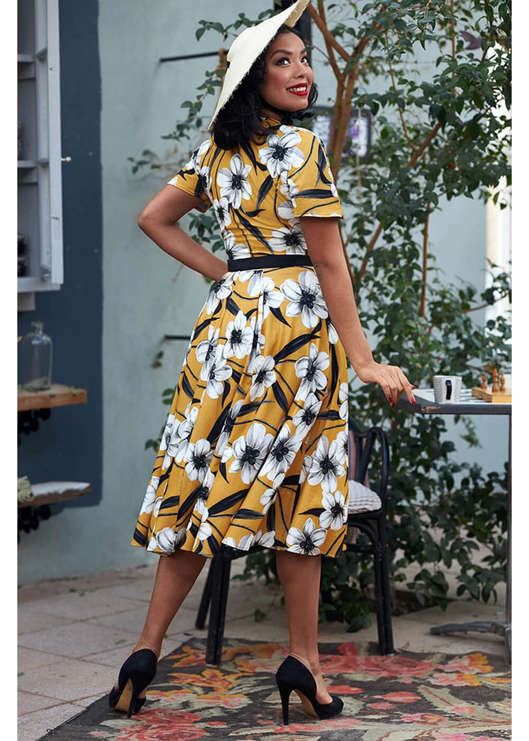 Miss Candyfloss Aslani 50's Floral Swing Dress Yellow New In