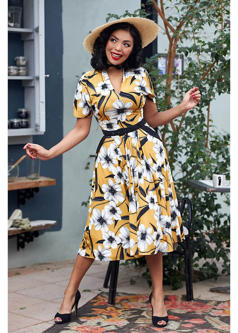 Miss Candyfloss Aslani 50's Floral Swing Dress Yellow New In