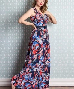 New In Miss Candyfloss Zelene Lee Floral 70's Jumpsuit Navy Blue