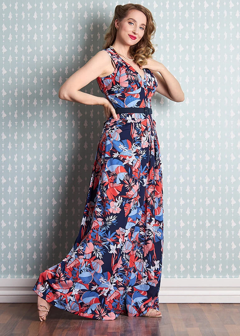 New In Miss Candyfloss Zelene Lee Floral 70's Jumpsuit Navy Blue