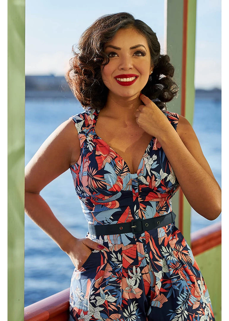 New In Miss Candyfloss Zelene Lee Floral 70's Jumpsuit Navy Blue