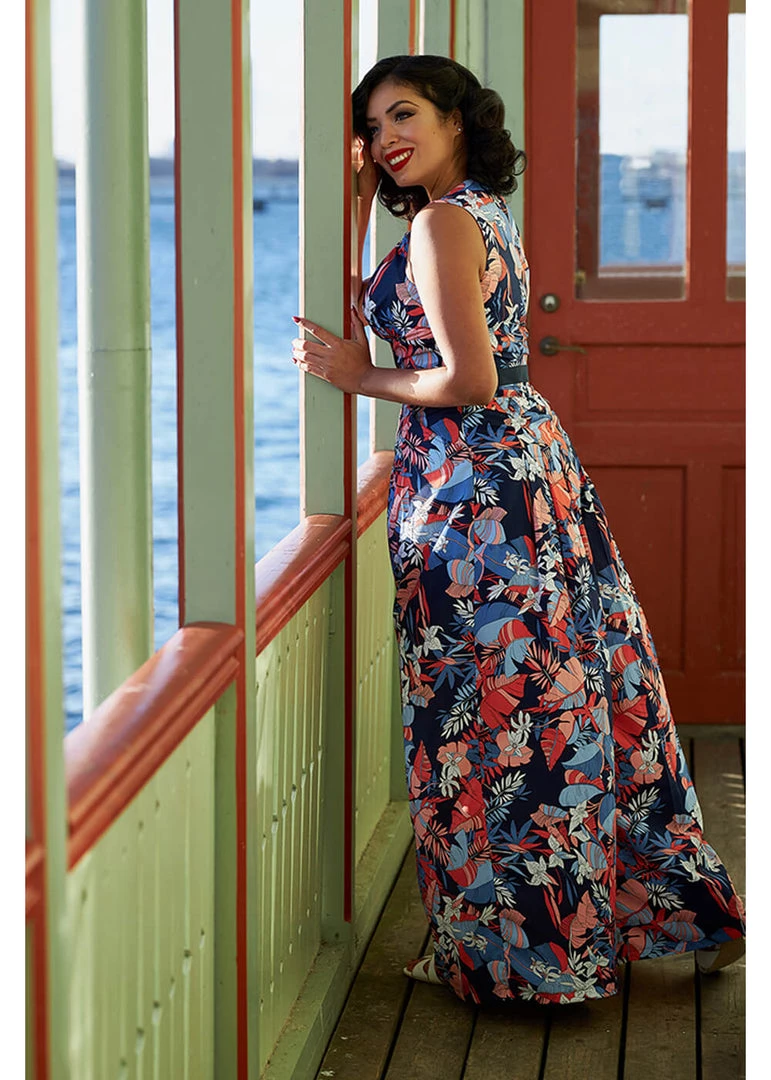 New In Miss Candyfloss Zelene Lee Floral 70's Jumpsuit Navy Blue