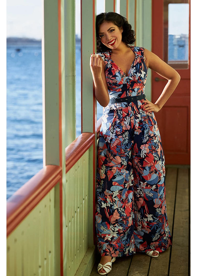 New In Miss Candyfloss Zelene Lee Floral 70's Jumpsuit Navy Blue