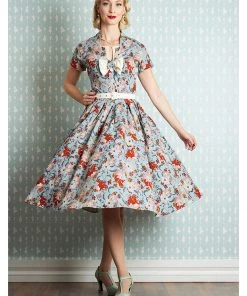 New In Miss Candyfloss Alessandra Regina Floral 50's Swing Dress Sky Blauw