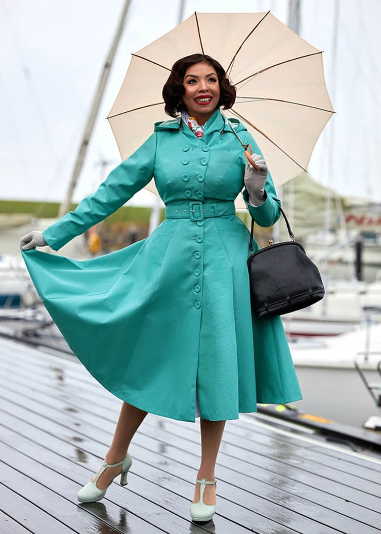 New In Miss Candyfloss Luelle Kat Water Resistant 50's Trenchcoat Teal
