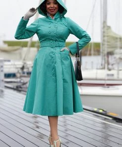 New In Miss Candyfloss Luelle Kat Water Resistant 50's Trenchcoat Teal