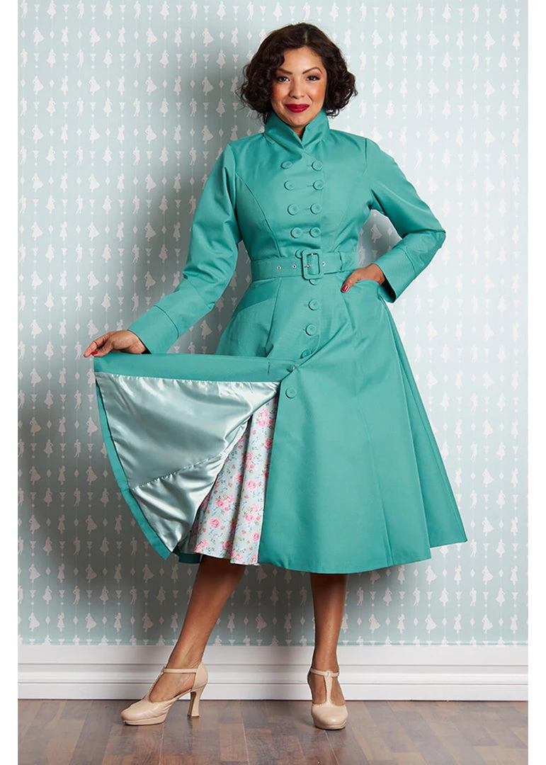 New In Miss Candyfloss Luelle Kat Water Resistant 50's Trenchcoat Teal