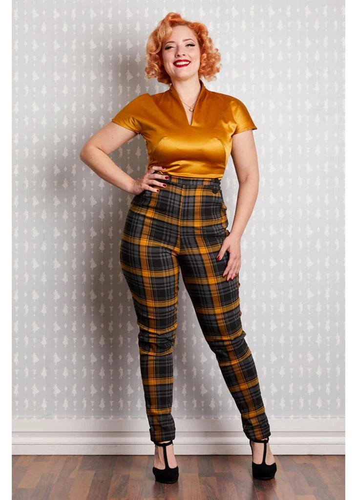 New In Miss Candyfloss Luca Tartan 50's Trousers Mustard