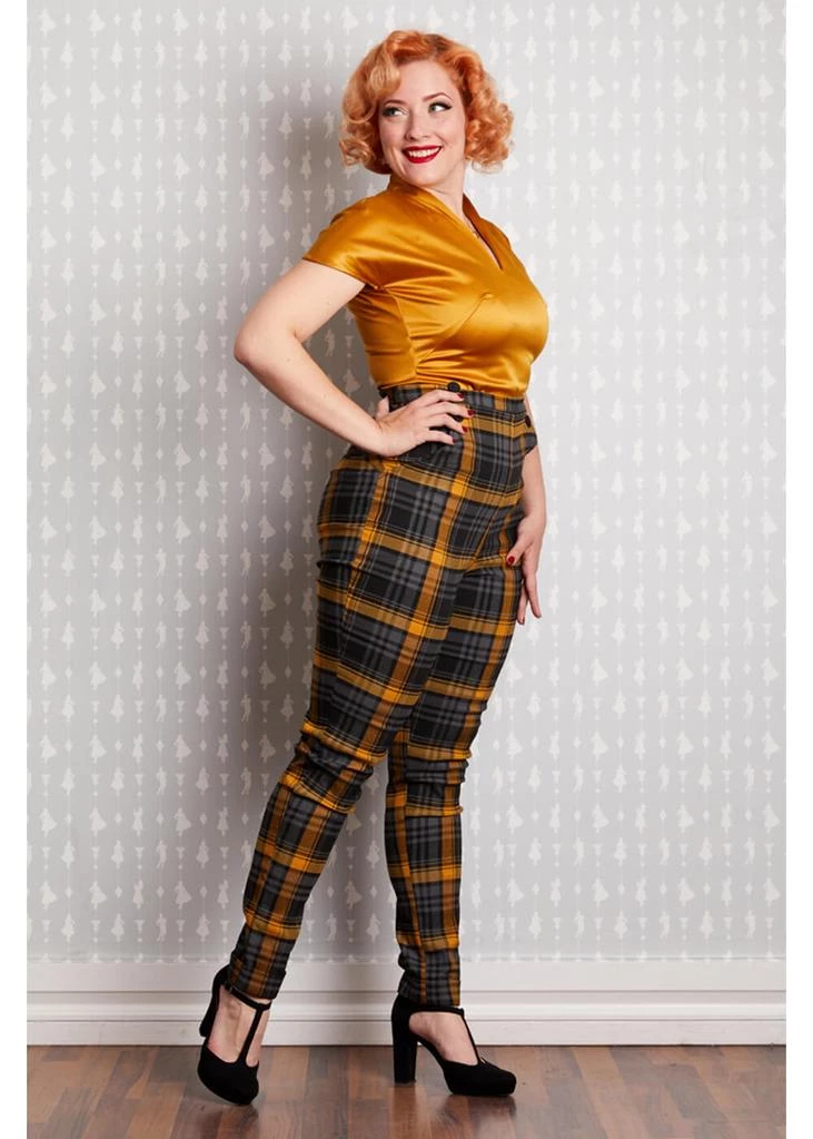 New In Miss Candyfloss Luca Tartan 50's Trousers Mustard