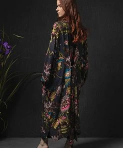 One Hundred Stars Eccentric Blooms Crepe Long Kimono Grey New In