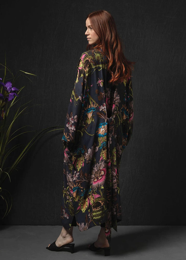 One Hundred Stars Eccentric Blooms Crepe Long Kimono Grey New In