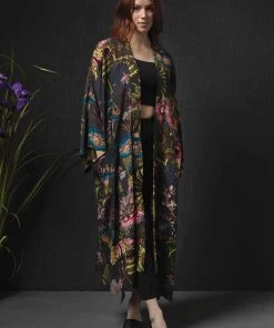 One Hundred Stars Eccentric Blooms Crepe Long Kimono Grey New In