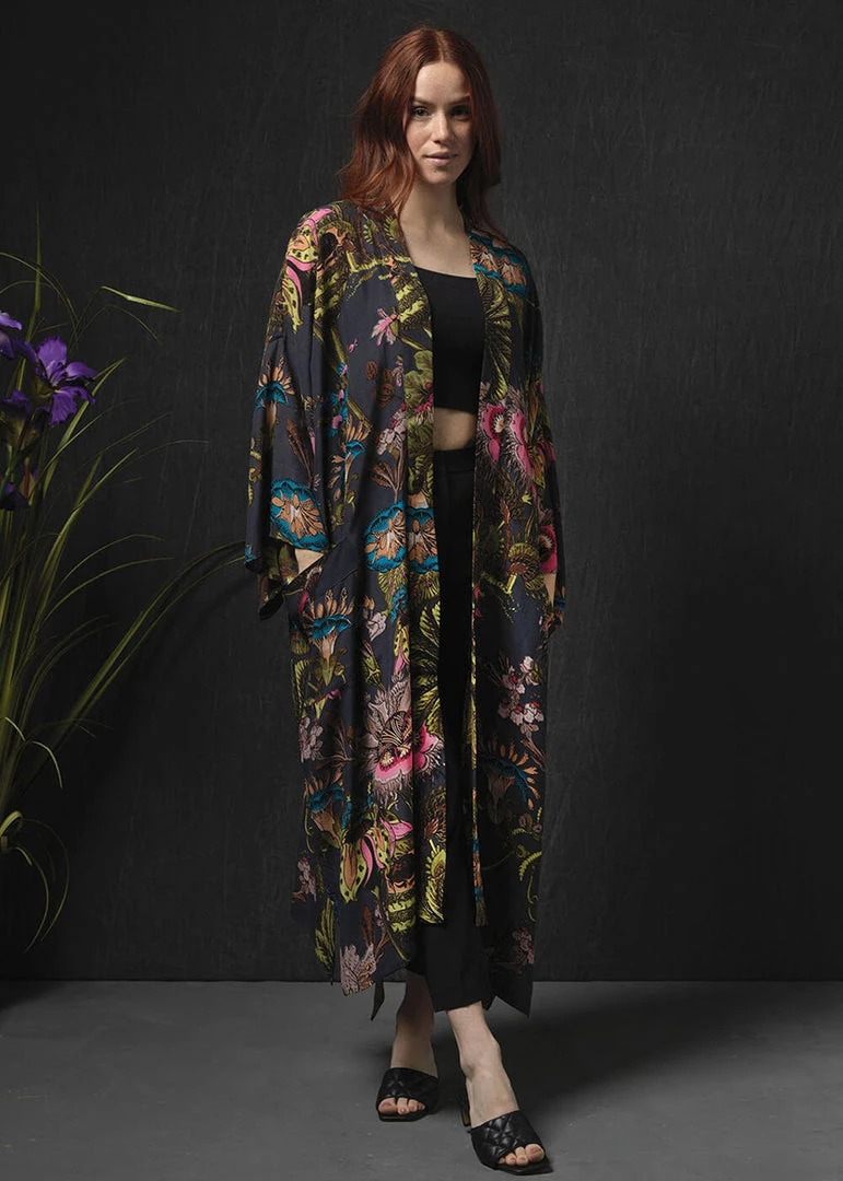 One Hundred Stars Eccentric Blooms Crepe Long Kimono Grey New In
