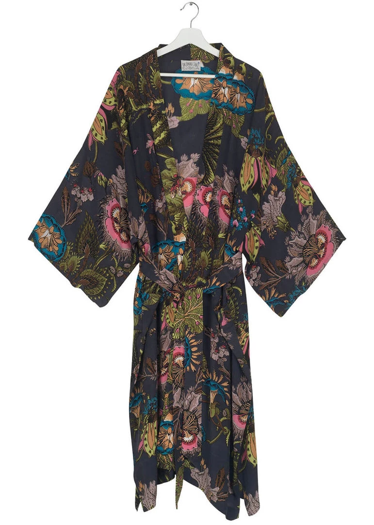 One Hundred Stars Eccentric Blooms Crepe Long Kimono Grey New In