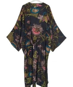 One Hundred Stars Eccentric Blooms Crepe Long Kimono Grey New In