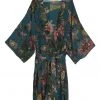 One Hundred Stars Eccentric Blooms Crepe Long Kimono Teal New In