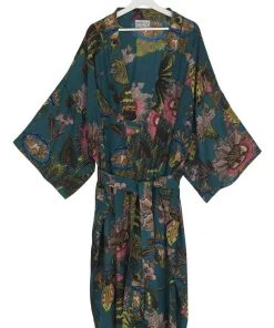 One Hundred Stars Eccentric Blooms Crepe Long Kimono Teal New In