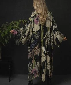 One Hundred Stars Iris Crepe Long Kimono Black New In