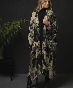 One Hundred Stars Iris Crepe Long Kimono Black New In