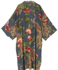 One Hundred Stars Peacock & Poppies Crepe Long Kimono Grey New In