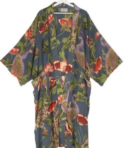 One Hundred Stars Peacock & Poppies Crepe Long Kimono Grey New In