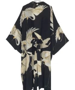 New In One Hundred Stars Stork Crepe Long Kimono Black