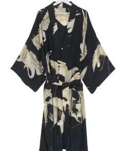 New In One Hundred Stars Stork Crepe Long Kimono Black