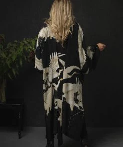 New In One Hundred Stars Stork Crepe Long Kimono Black