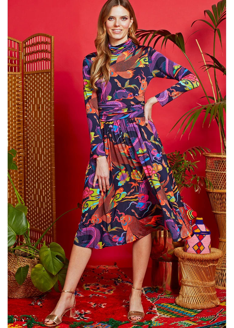 Onjenu Lauren Dragon 70's Midi Dress Neon